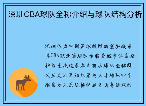 深圳CBA球队全称介绍与球队结构分析