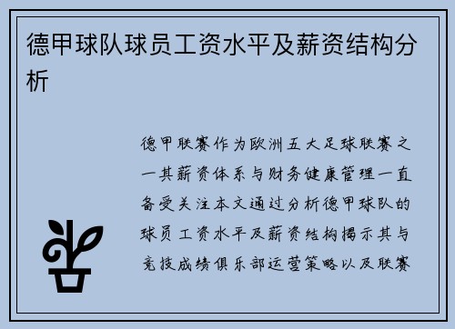 德甲球队球员工资水平及薪资结构分析