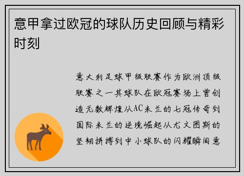 意甲拿过欧冠的球队历史回顾与精彩时刻