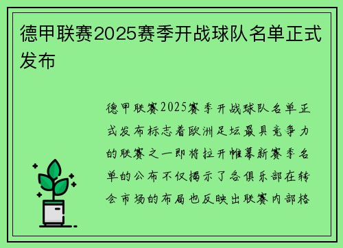 德甲联赛2025赛季开战球队名单正式发布
