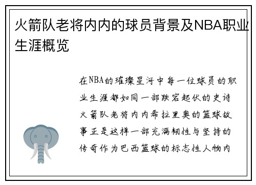 火箭队老将内内的球员背景及NBA职业生涯概览