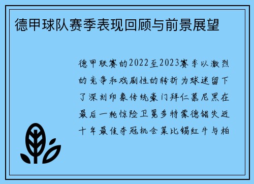 德甲球队赛季表现回顾与前景展望